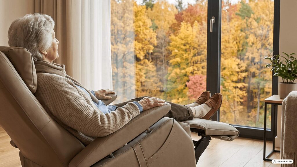 Oudere vrouw ontspant in de Fitform Vario 564 ZEN sta-op relaxstoel bij het raam